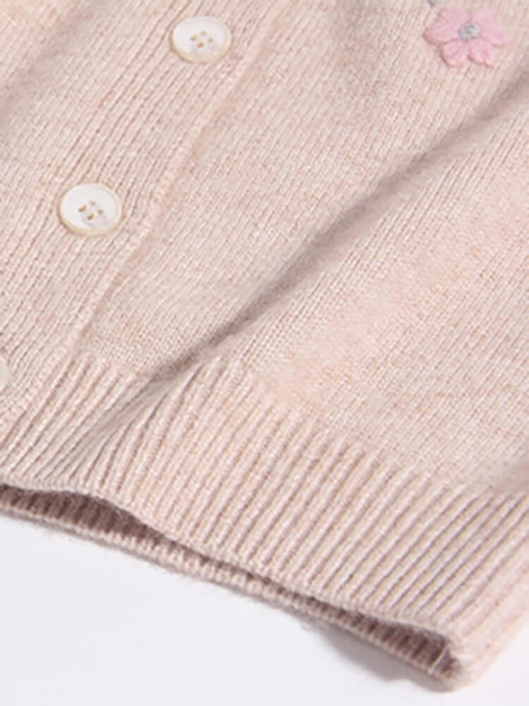 Girls Ruffle Shoulder Floral Embroidered Beige Cashmere Cardigan